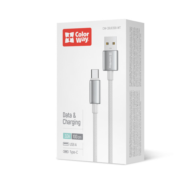 ColorWay Кабель ColorWay USB - USB Type-C (M/M), zinc alloy braided, 3А, 1 м, White (CW-CBUC098-WT)
