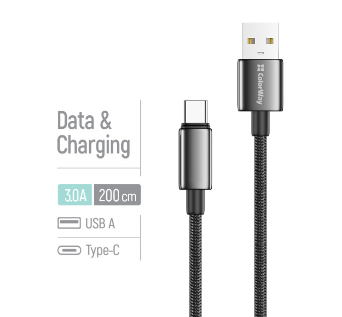 ColorWay Кабель ColorWay USB - USB Type-C (M/M), zinc alloy braided, 3А, 2 м, Black (CW-CBUC099-BK)