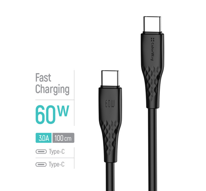 ColorWay Кабель ColorWay USB Type-C - USB Type-C (M/M), textured PVC, 3А, 1 м, Black (CW-CBPDCC094-BK)