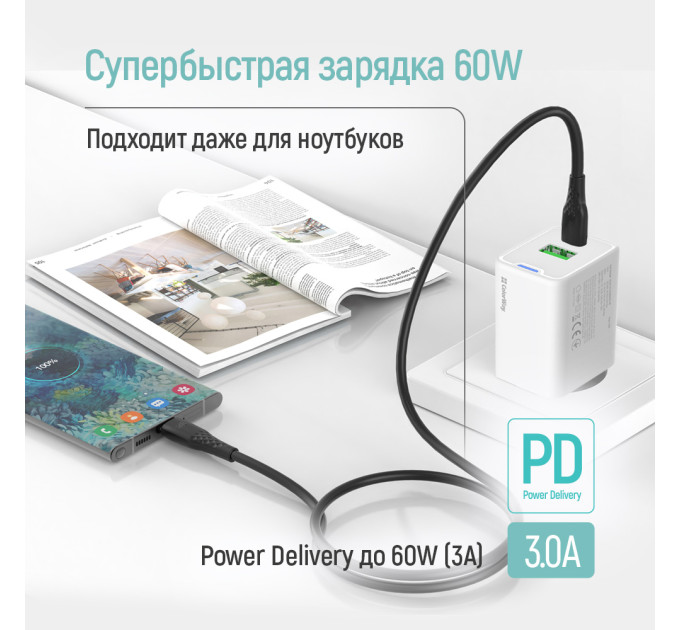 ColorWay Кабель ColorWay USB Type-C - USB Type-C (M/M), textured PVC, 3А, 2 м, Black (CW-CBPDCC095-BK)