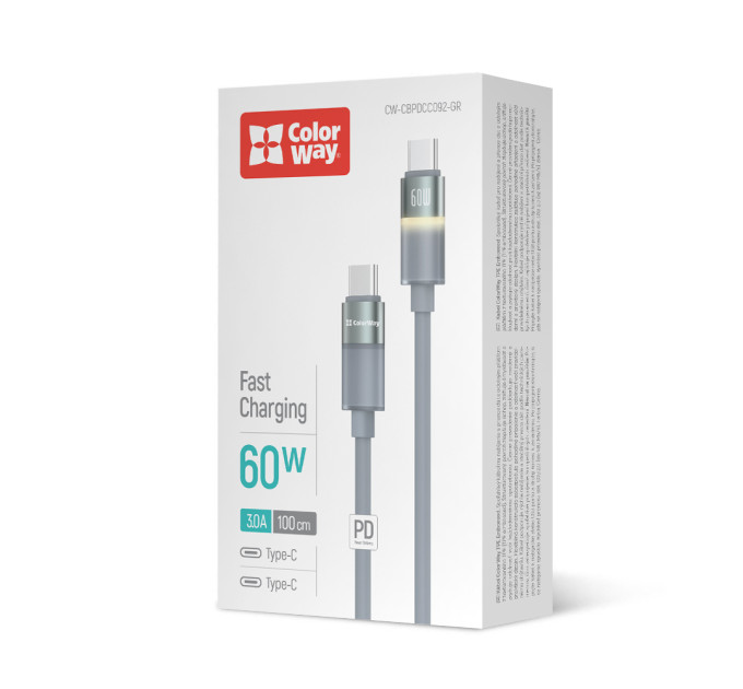 ColorWay Кабель ColorWay USB Type-C - USB Type-C (M/M), warm light, 3А, 1 м, Grey (CW-CBPDCC092-GR)