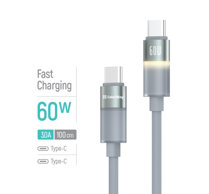 ColorWay Кабель ColorWay USB Type-C - USB Type-C (M/M), warm light, 3А, 1 м, Grey (CW-CBPDCC092-GR)
