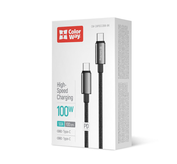 ColorWay Кабель ColorWay USB Type-C - USB Type-C (M/M), zinc alloy braided, 5А, 1 м, Black (CW-CBPDCC098-BK)