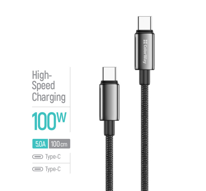 ColorWay Кабель ColorWay USB Type-C - USB Type-C (M/M), zinc alloy braided, 5А, 1 м, Black (CW-CBPDCC098-BK)