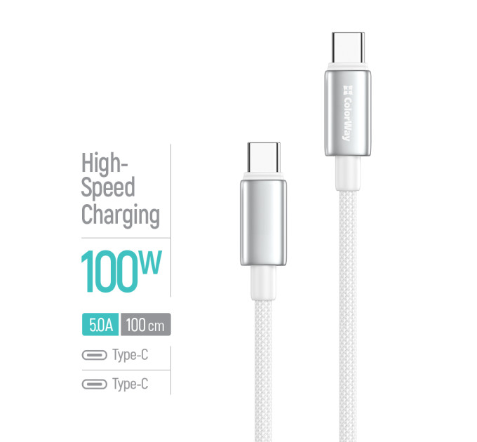 ColorWay Кабель ColorWay USB Type-C - USB Type-C (M/M), zinc alloy braided, 5А, 1 м, White (CW-CBPDCC098-WT)