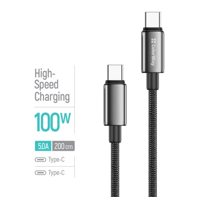 ColorWay Кабель ColorWay USB Type-C - USB Type-C (M/M), zinc alloy braided, 5А, 2 м, Black (CW-CBPDCC099-BK)