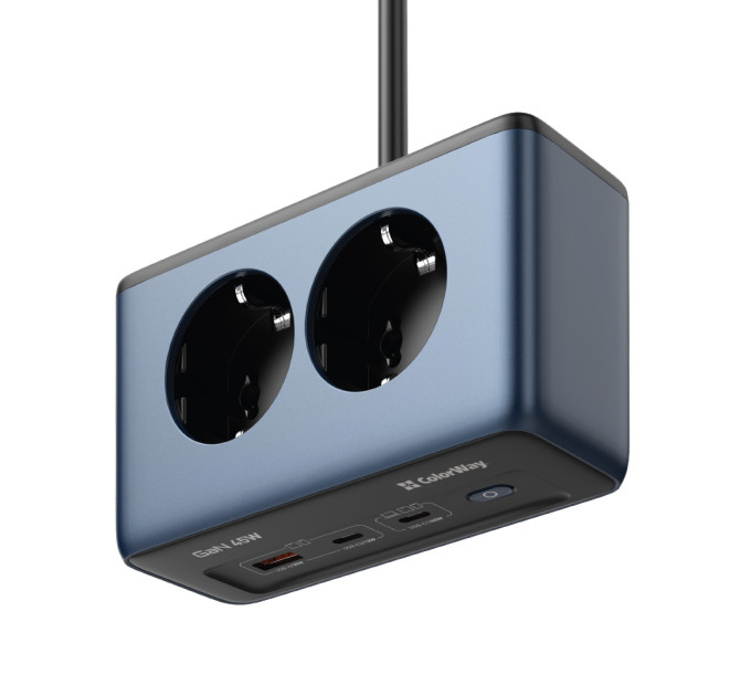 ColorWay Фільтр живлення ColorWay CW-CHE25PDB 45W 2 розетки, 1xUSB-A 2xUSB-C, 2 м, синій