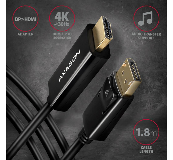 AXAGON Кабель AXAGON RVD-HI14C2 HDMI-DisplayPort, 1.8m, 4K/30Hz, чорний