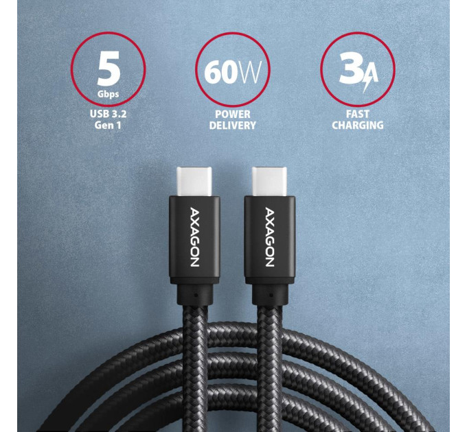 AXAGON Кабель AXAGON BUCM3-CM10AB USB-C-USB-C 3.2 Gen 1, 1m, PD 60W, 3A, чорний