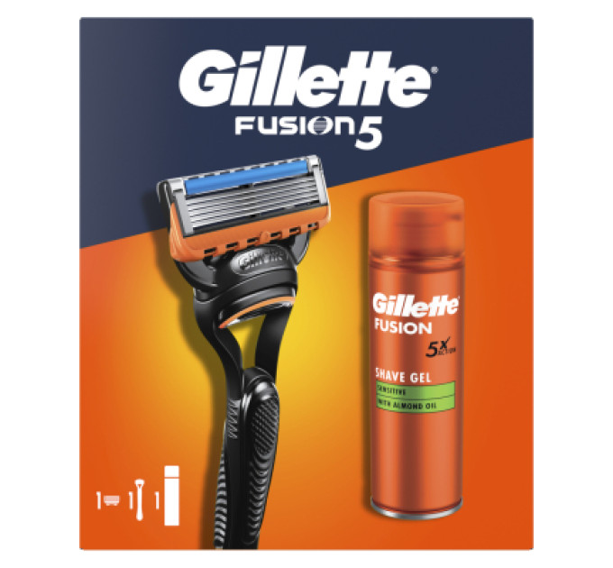 Gillette Набір косметики Gillette Fusion5 Станок для гоління чоловічий (бритва) з 1 змінним картриджем + Гель для гоління 200 мл (8700216534048)
