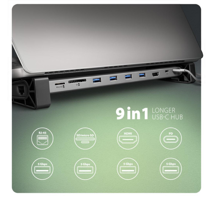 AXAGON Хаб концентратор AXAGON HMC-10HLS USB-C 5Гбіт/с 9in1 hub, сірий