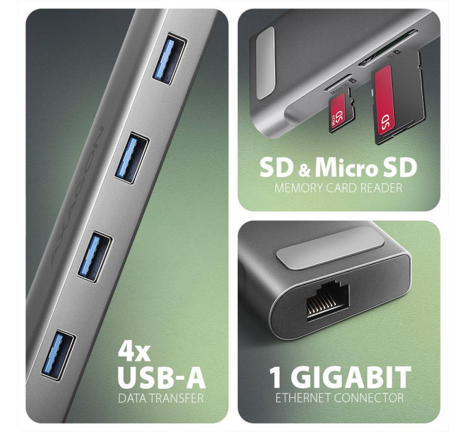 AXAGON Хаб концентратор AXAGON HMC-10HLS USB-C 5Гбіт/с 9in1 hub, сірий