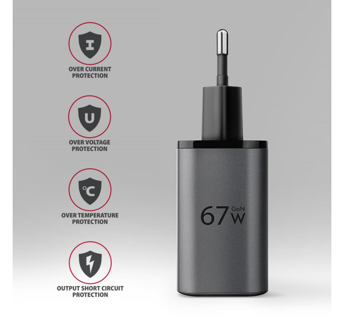 AXAGON Мережевий зарядний пристрій з дисплеєм AXAGON ACU-PQ67D, 2x port (USB + USB-C), PD3.0/QC4+/PPS/Apple, 67W, сірий