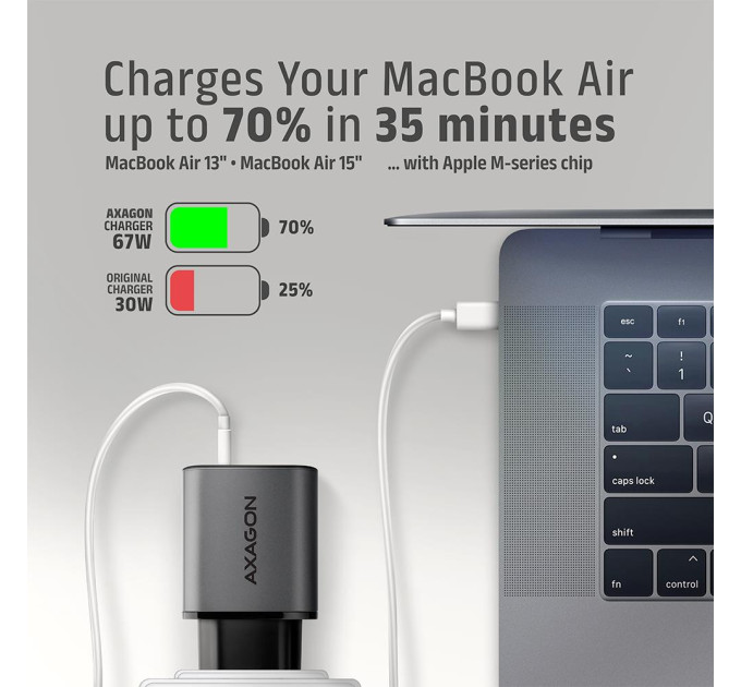 AXAGON Мережевий зарядний пристрій з дисплеєм AXAGON ACU-PQ67D, 2x port (USB + USB-C), PD3.0/QC4+/PPS/Apple, 67W, сірий