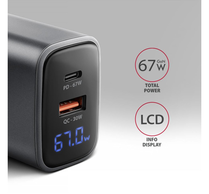AXAGON Мережевий зарядний пристрій з дисплеєм AXAGON ACU-PQ67D, 2x port (USB + USB-C), PD3.0/QC4+/PPS/Apple, 67W, сірий