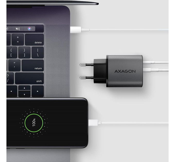 AXAGON Мережевий зарядний пристрій з дисплеєм AXAGON ACU-PQ67D, 2x port (USB + USB-C), PD3.0/QC4+/PPS/Apple, 67W, сірий