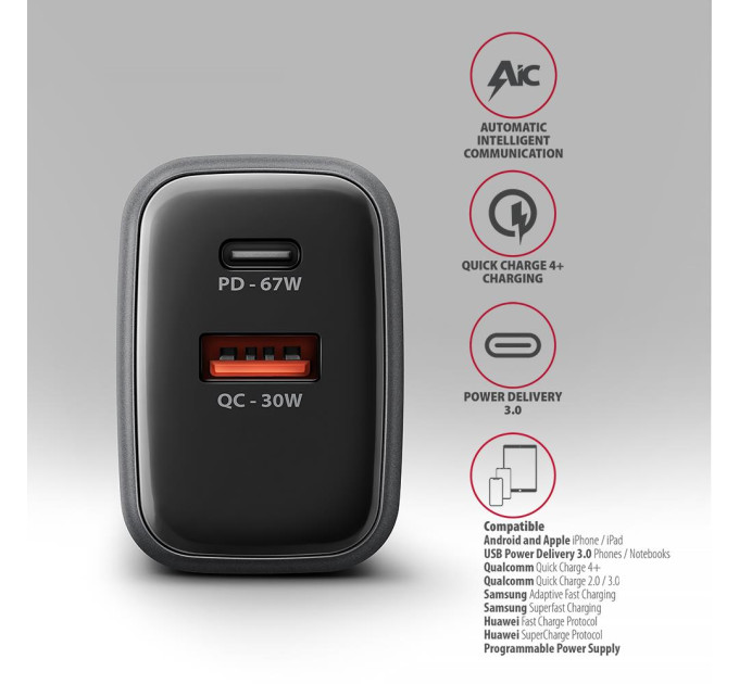 AXAGON Мережевий зарядний пристрій з дисплеєм AXAGON ACU-PQ67D, 2x port (USB + USB-C), PD3.0/QC4+/PPS/Apple, 67W, сірий