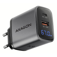 Мережевий зарядний пристрій з дисплеєм AXAGON ACU-PQ67D, 2x port (USB + USB-C), PD3.0/QC4+/PPS/Apple, 67W, сірий