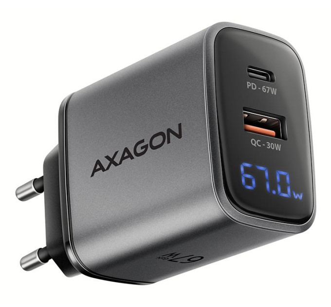 AXAGON Мережевий зарядний пристрій з дисплеєм AXAGON ACU-PQ67D, 2x port (USB + USB-C), PD3.0/QC4+/PPS/Apple, 67W, сірий
