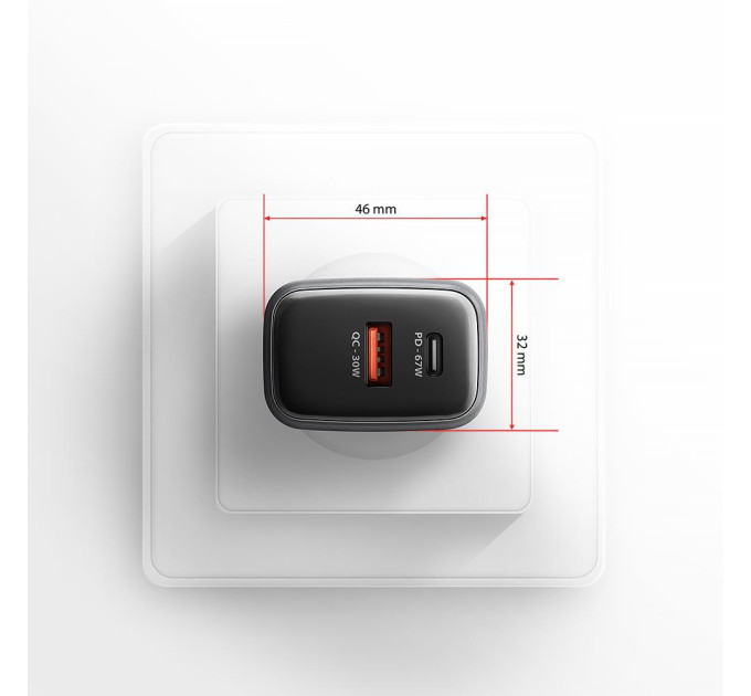 AXAGON Мережевий зарядний пристрій AXAGON ACU-PQ67, 2x port (USB + USB-C), PD3.0/QC4+/PPS/Apple, 67W, сірий