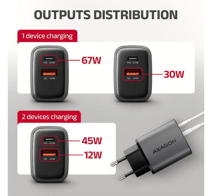 AXAGON Мережевий зарядний пристрій AXAGON ACU-PQ67, 2x port (USB + USB-C), PD3.0/QC4+/PPS/Apple, 67W, сірий