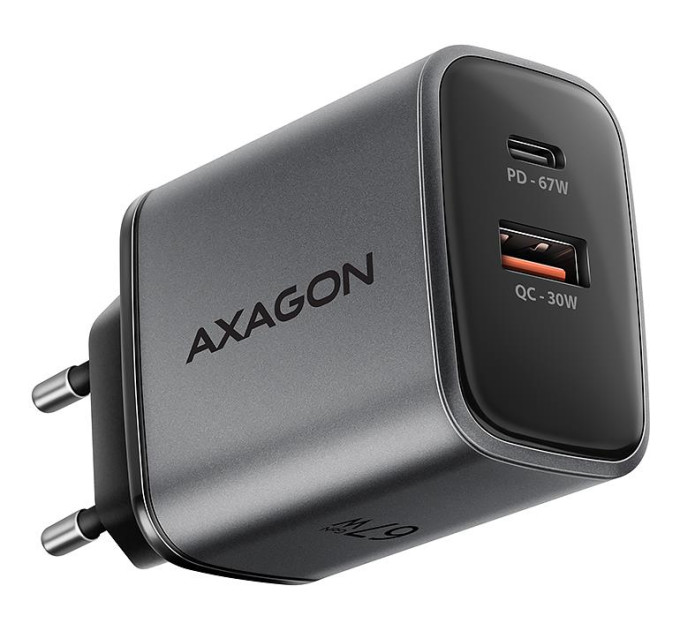 AXAGON Мережевий зарядний пристрій AXAGON ACU-PQ67, 2x port (USB + USB-C), PD3.0/QC4+/PPS/Apple, 67W, сірий