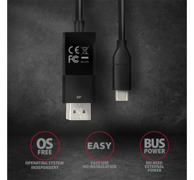 AXAGON Кабель AXAGON RVC-DPC USB-C-DisplayPort, 1.8m, 4K/60Hz, чорний