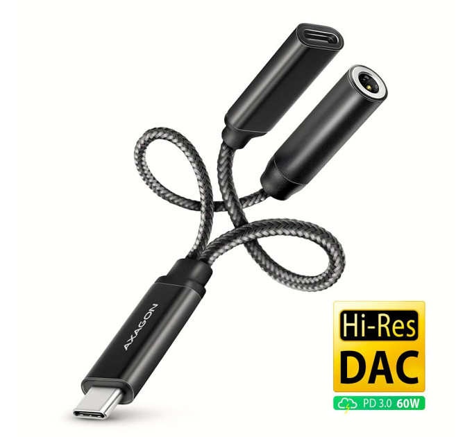 AXAGON Зарядний та аудіо адаптер AXAGON ADA-HCPD USB-C to Mini-Jack 3.5 mm HI-RES DAC and USB-C 60W, чорний