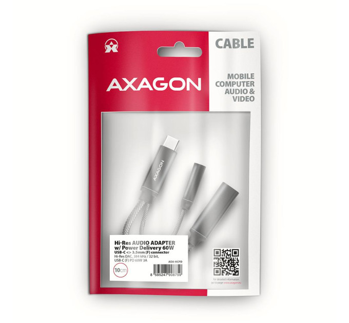 AXAGON Зарядний та аудіо адаптер AXAGON ADA-HCPD USB-C to Mini-Jack 3.5 mm HI-RES DAC and USB-C 60W, чорний