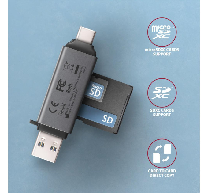 AXAGON Кардрідер AXAGON CRE-DAC SuperSpeed USB-C + USB-A card reader