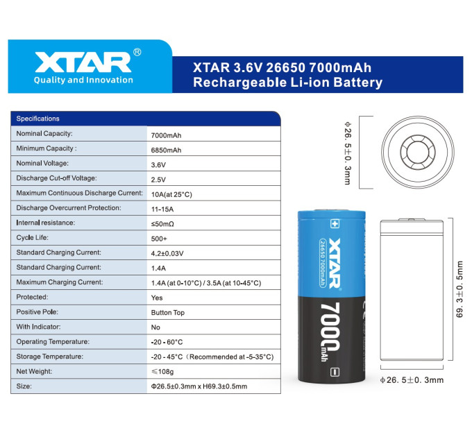 XTAR Акумулятор XTAR 26650P 7000 mAh 1 шт.