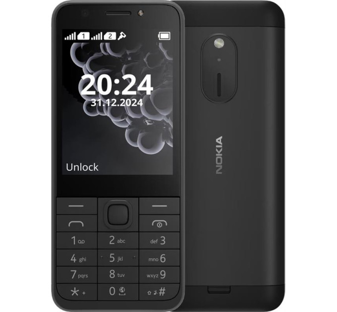 Nokia Мобильный телефон Nokia 230 2024 Dual Sim Black; 2.8" (320х240) TN / кнопочный моноблок / Unisoc 6531F / ОЗУ 8 МБ / 16 МБ встроенной + microSD до 32 ГБ / камера 2 Мп + 2 Мп / 2G (GSM) / Bluetooth / ОС Nokia Series 30+ / 124.6x53.4x10.9 мм / 145