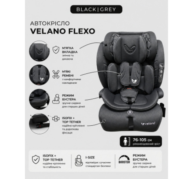 Velano Автокрісло Velano Flexo i-Size 76150 см, ISOFIX + Top Tether/ремінь, grey (48414)