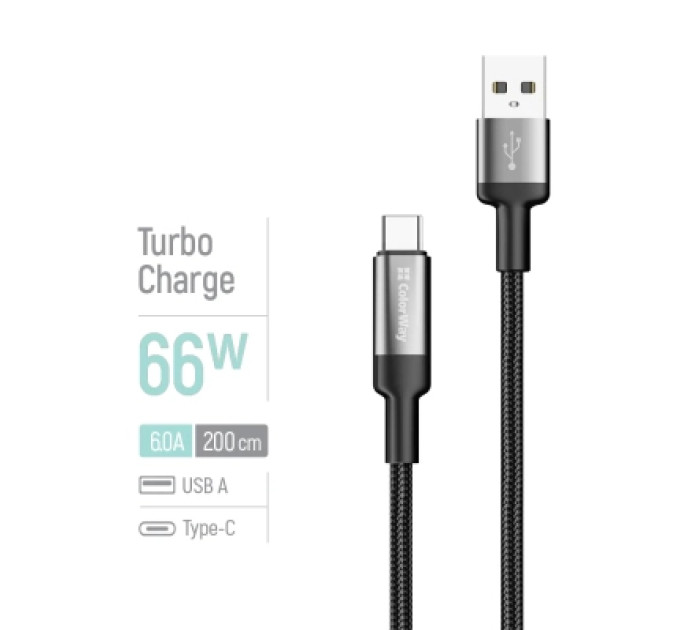 ColorWay Дата кабель USB 2.0 AM to USB-C 2.0m 6A braided wire black ColorWay (CW-CBUC097-BK)