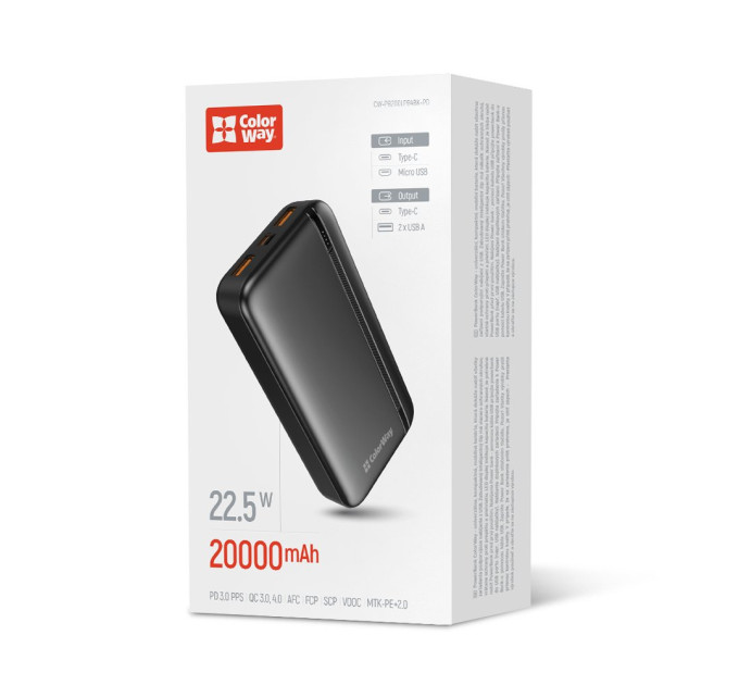 ColorWay Універсальна мобільна батарея ColorWay Portable Charger 20000mAh Black (CW-PB200LPB4BK-PD)