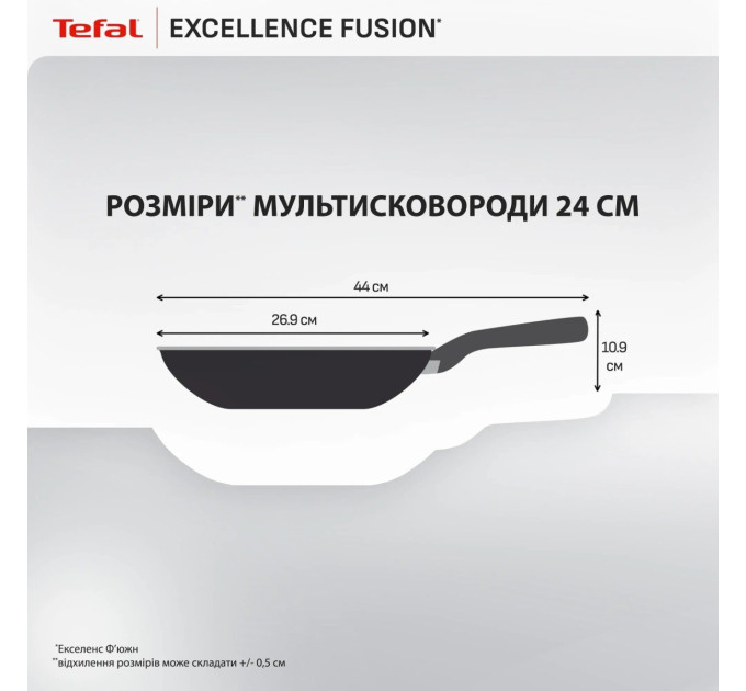 Tefal Kitchenware Мультисковорода Tefal Excellence Fusion, з кришкою, 24см, алюміній, скло, нержавіюча сталь, метал, чорний