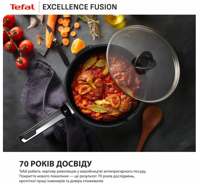 Tefal Kitchenware Мультисковорода Tefal Excellence Fusion, з кришкою, 24см, алюміній, скло, нержавіюча сталь, метал, чорний