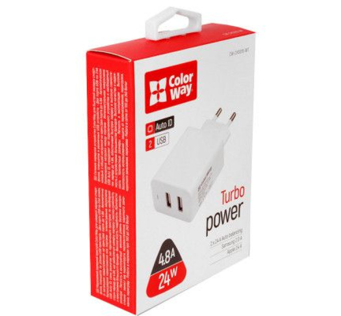 ColorWay Зарядний пристрій ColorWay 2USB AUTO ID 4.8A (24W) (CW-CHS016-WT)
