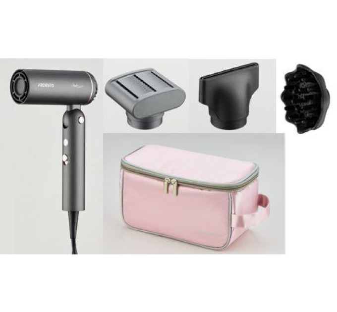ARDESTO HA Фен ARDESTO Pink Touch, 1300Вт, 2 швидкості, 3 темп.режими, складана ручка, дорожня сумка, сірий+рожевий