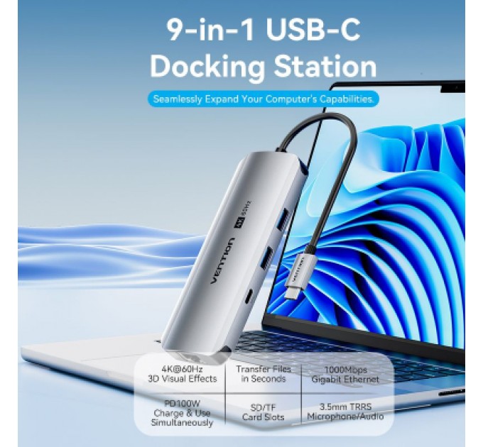 Vention Концентратор Vention USB 3.1 Type-C to HDMI 4K60Hz/USB 3.0x2/RJ45/SD/TF/3.5mm/PD 100W Hub 9-in-1 (TQMHB)
