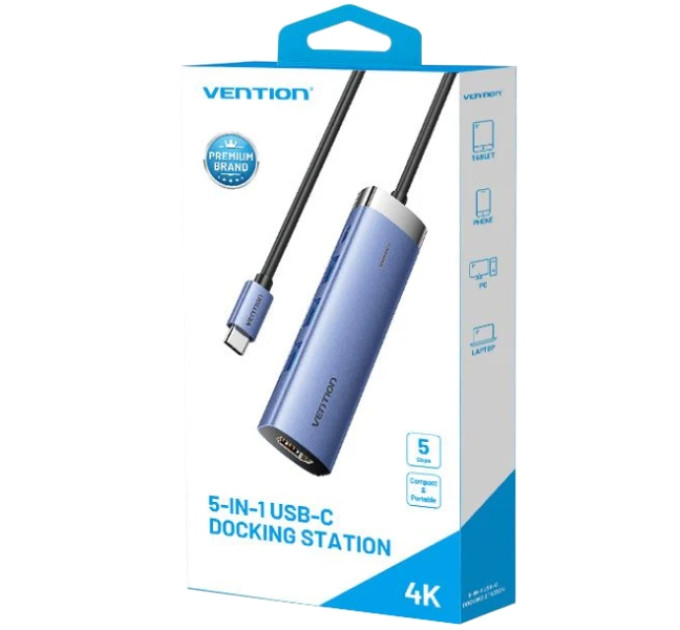 Vention Концентратор Vention USB 3.1 Type-C to HDMI/USB 3.0x3/PD 100W Blue Aluminum Alloy Hub 5-in-1 (TGESB)
