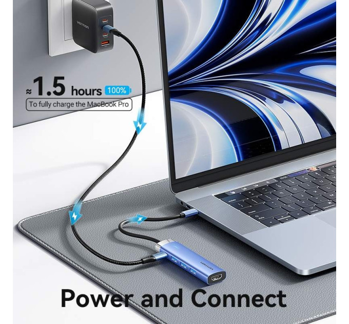 Vention Концентратор Vention USB 3.1 Type-C to HDMI/USB 3.0x3/PD 100W Blue Aluminum Alloy Hub 5-in-1 (TGESB)