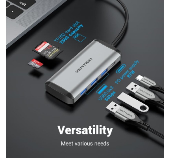 Vention Концентратор Vention USB 3.1 Type-C to 3хUSB 3.0/TF/SD/PD 87W 6-in-1 (TGRHB)