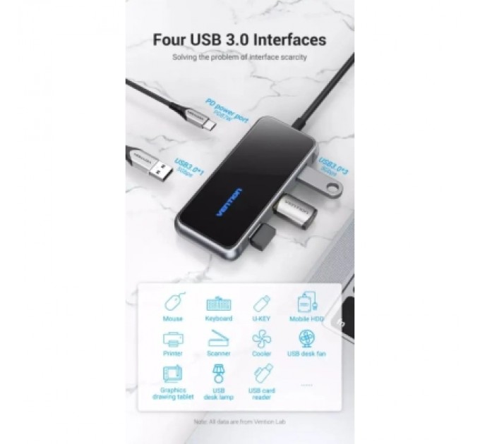 Vention Концентратор Vention USB 3.1 Type-C to 4хUSB 3.0/PD 87W 5-in-1 Gray Mirrored Surface (TFDHB)