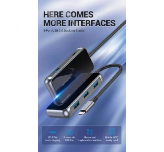 Vention Концентратор Vention USB 3.1 Type-C to 4хUSB 3.0/PD 87W 5-in-1 Gray Mirrored Surface (TFDHB)