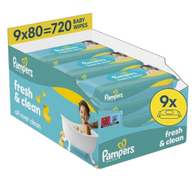 Pampers Дитячі вологі серветки Pampers Fresh Clean 80 шт х 9 пачок (720 шт) (8006530134583)