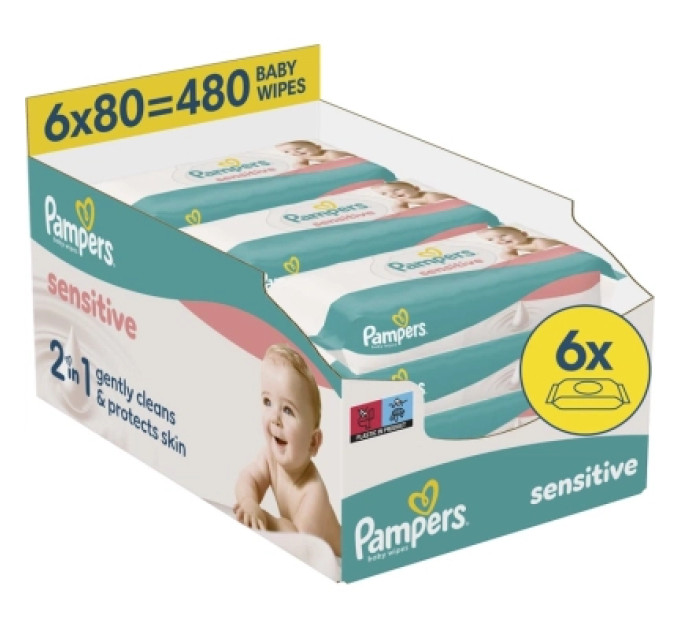 Pampers Дитячі вологі серветки Pampers Sensitive 6 пачок х 80 шт (480 шт) (8006540174531)
