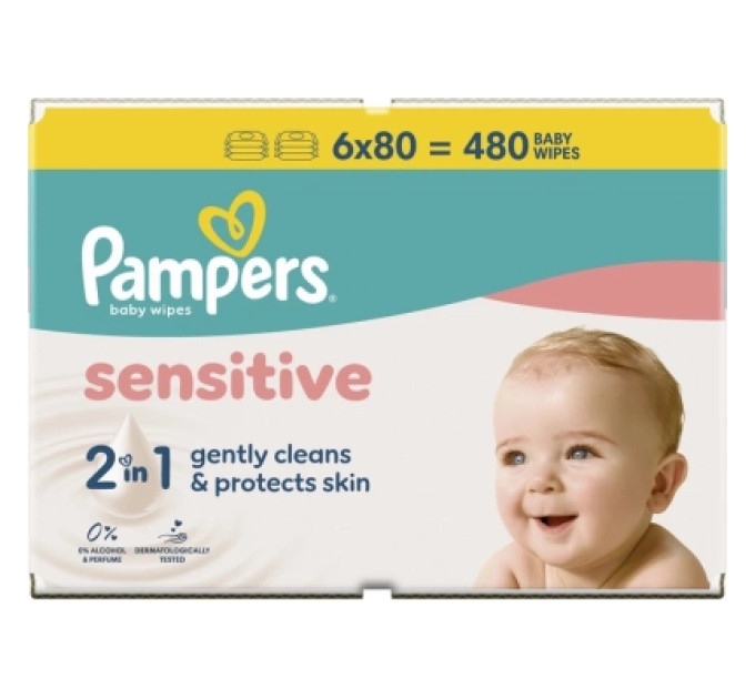 Pampers Дитячі вологі серветки Pampers Sensitive 6 пачок х 80 шт (480 шт) (8006540174531)