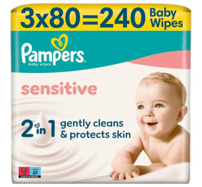 Pampers Дитячі вологі серветки Pampers Sensitive 3 x 80 шт (240 шт) (8006530134521)