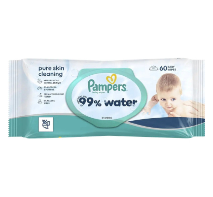 Pampers Дитячі вологі серветки Pampers 99 Water, 60 шт (8006530116558)